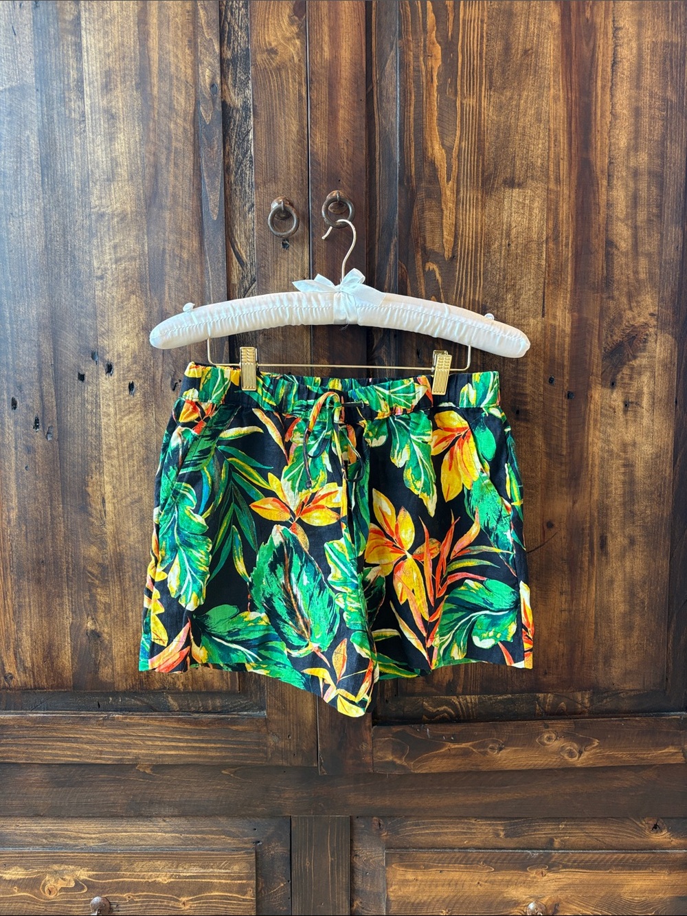 High-Waist Tropical Leaf Print Shorts - Green & Yellow